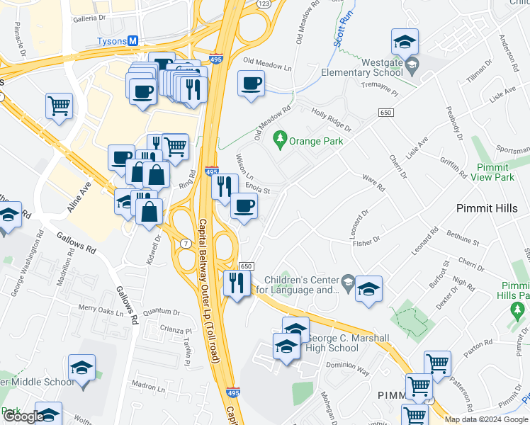 map of restaurants, bars, coffee shops, grocery stores, and more near 7857 Enola Street in McLean