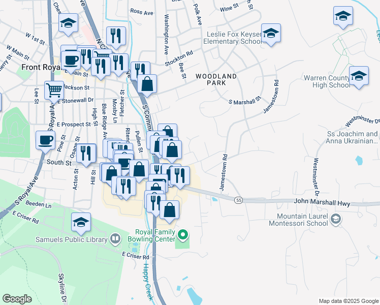 map of restaurants, bars, coffee shops, grocery stores, and more near 103 High Field Lane in Front Royal
