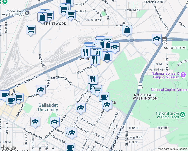 map of restaurants, bars, coffee shops, grocery stores, and more near 1808 Providence Street Northeast in Washington