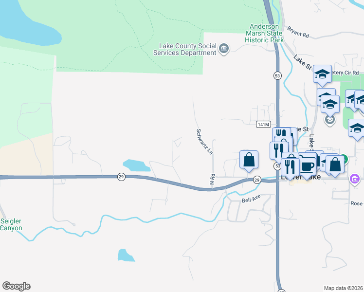 map of restaurants, bars, coffee shops, grocery stores, and more near 9508 Marshview Way in Lower Lake