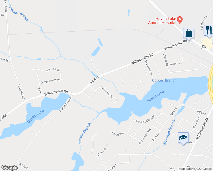 map of restaurants, bars, coffee shops, grocery stores, and more near 18 Lakecrest Drive in Milford