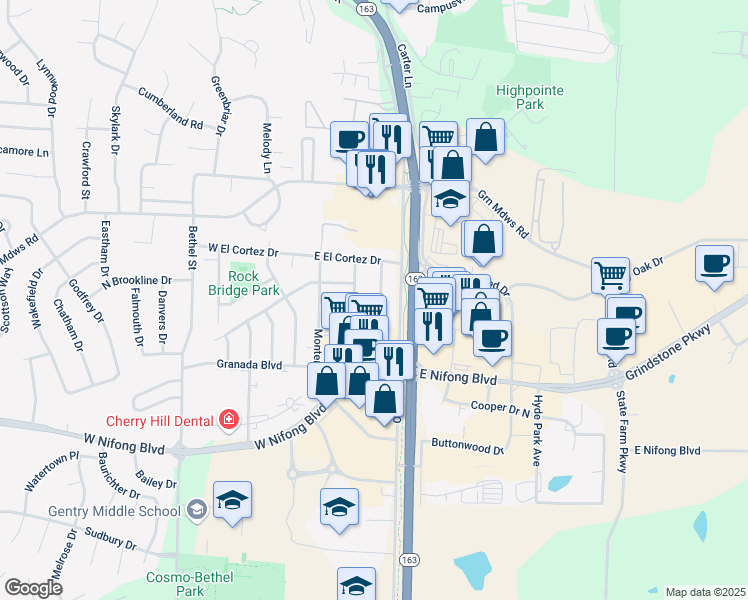 map of restaurants, bars, coffee shops, grocery stores, and more near 3417 Balboa Lane in Columbia