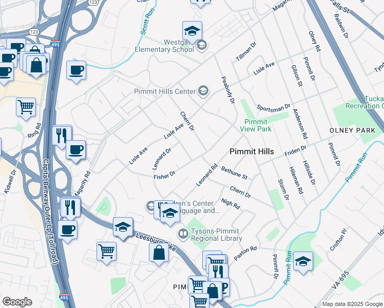 map of restaurants, bars, coffee shops, grocery stores, and more near 1929 Ware Road in Falls Church