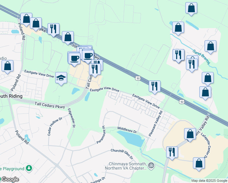 map of restaurants, bars, coffee shops, grocery stores, and more near 43911 Eastgate View Drive in Chantilly
