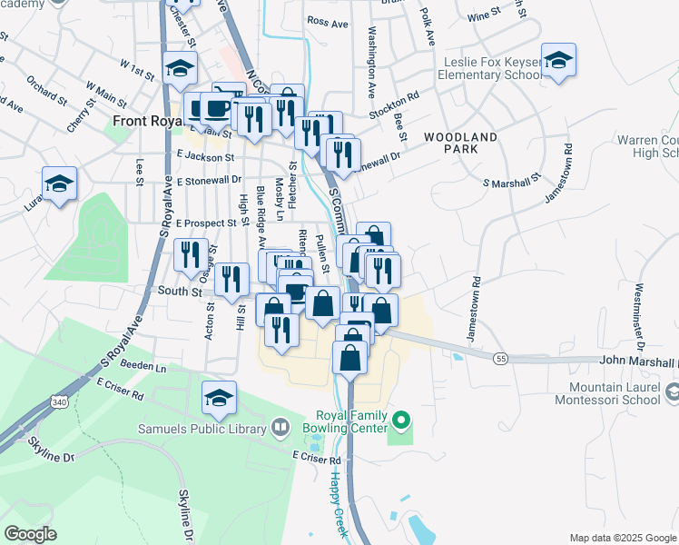 map of restaurants, bars, coffee shops, grocery stores, and more near 319 Front Street in Front Royal