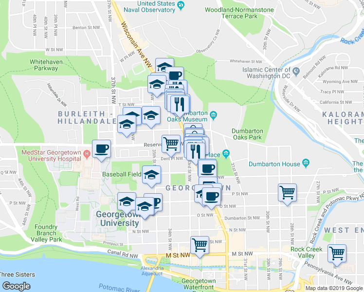 map of restaurants, bars, coffee shops, grocery stores, and more near 3320 Reservoir Road Northwest in Washington