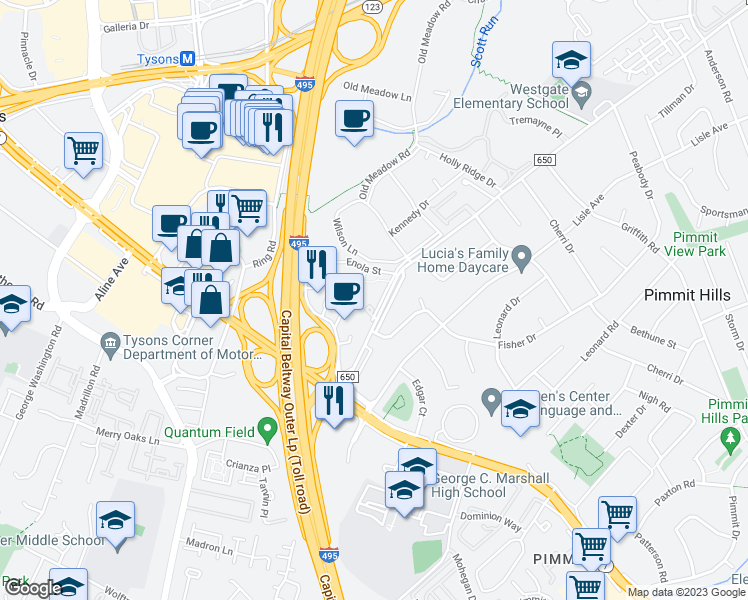 map of restaurants, bars, coffee shops, grocery stores, and more near 7857 Enola Street in McLean