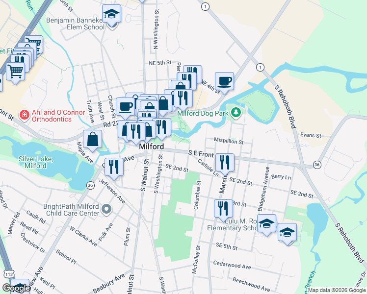 map of restaurants, bars, coffee shops, grocery stores, and more near 205 South East Front Street in Milford