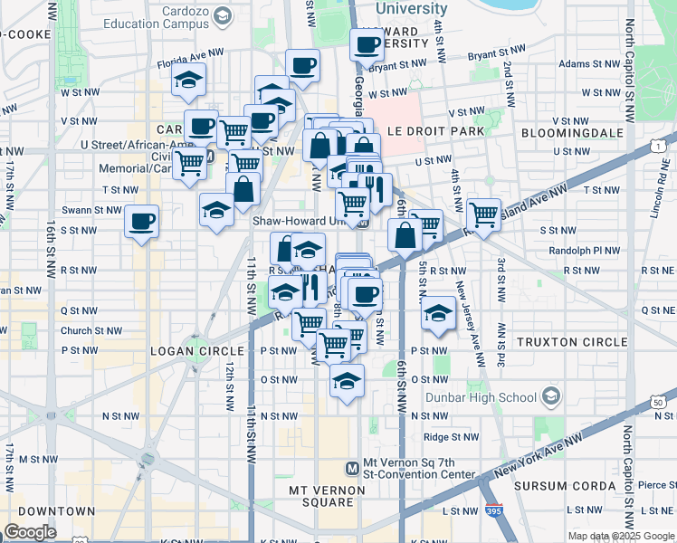 map of restaurants, bars, coffee shops, grocery stores, and more near 1700 8th Street Northwest in Washington