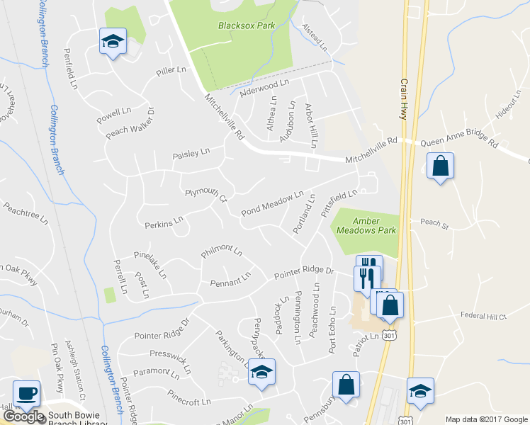 map of restaurants, bars, coffee shops, grocery stores, and more near 16111 Pond Meadow Lane in Bowie