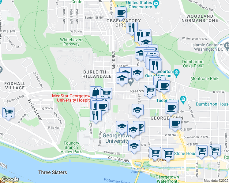 map of restaurants, bars, coffee shops, grocery stores, and more near 37th Street Northwest in Washington