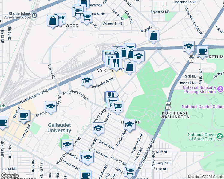 map of restaurants, bars, coffee shops, grocery stores, and more near 1808 Providence Street Northeast in Washington