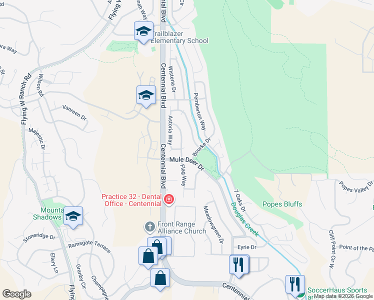 map of restaurants, bars, coffee shops, grocery stores, and more near 5640 Flag Way in Colorado Springs