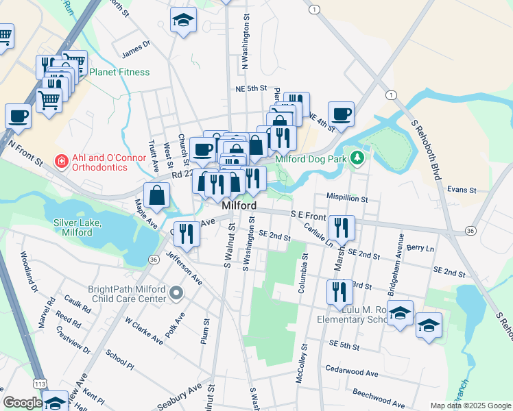 map of restaurants, bars, coffee shops, grocery stores, and more near in Milford