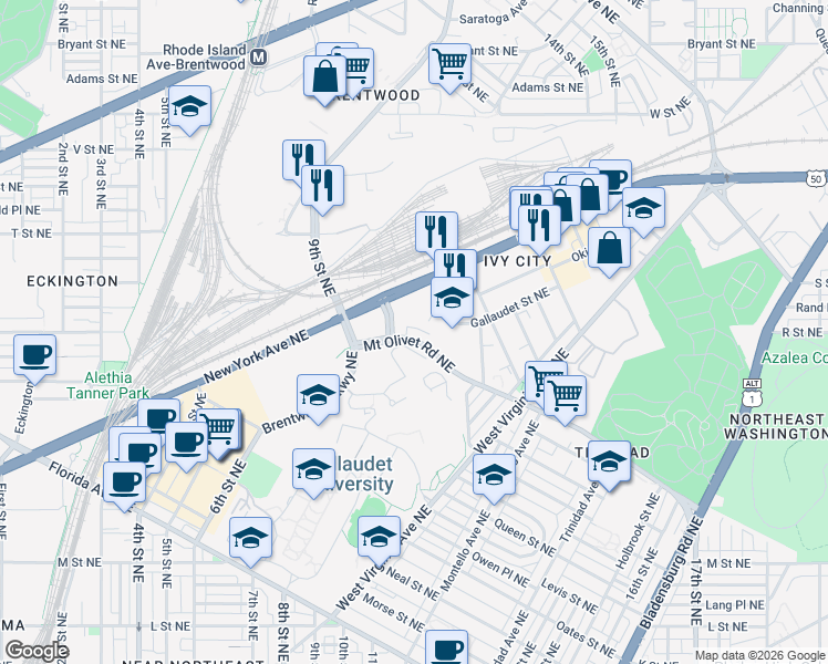 map of restaurants, bars, coffee shops, grocery stores, and more near 101 Independence Avenue Southeast in Washington