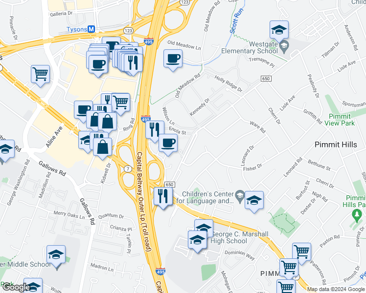 map of restaurants, bars, coffee shops, grocery stores, and more near 7839 Enola Street in McLean