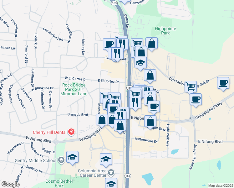 map of restaurants, bars, coffee shops, grocery stores, and more near 3410 Madrid Lane in Columbia