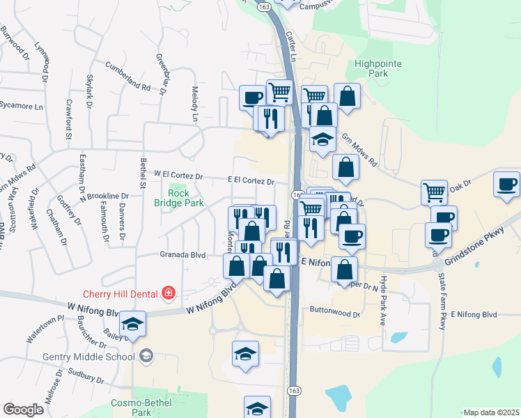 map of restaurants, bars, coffee shops, grocery stores, and more near 3410 Madrid Lane in Columbia