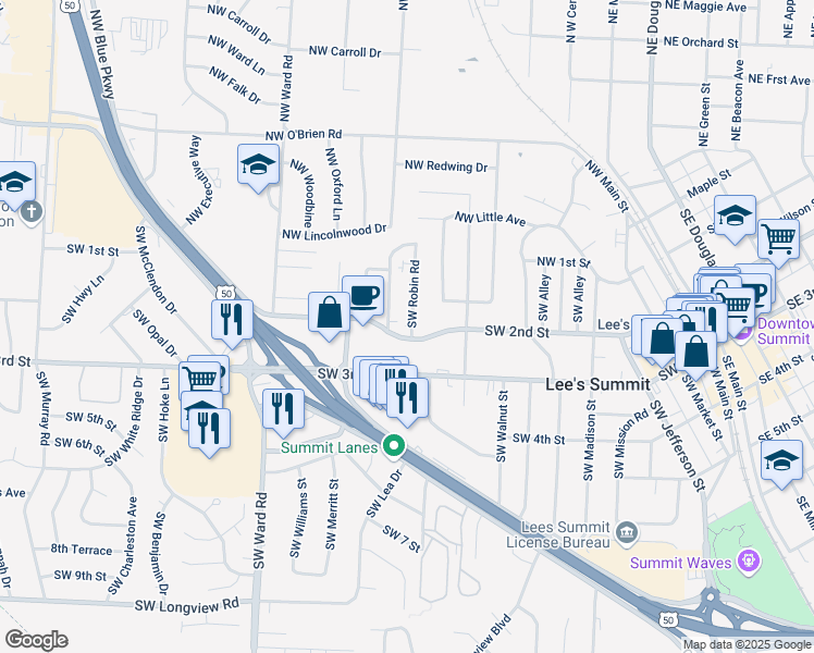 map of restaurants, bars, coffee shops, grocery stores, and more near 119 Southwest Robin Road in Lee's Summit
