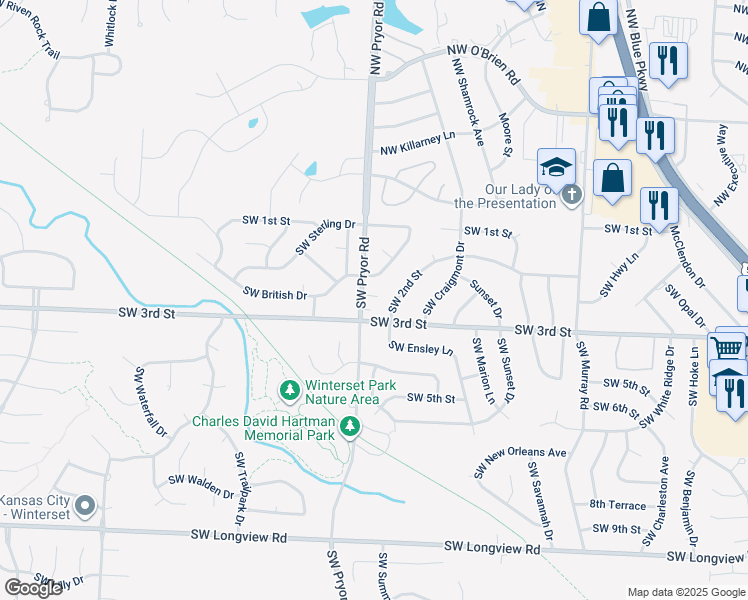 map of restaurants, bars, coffee shops, grocery stores, and more near 201 Southwest Pryor Road in Lee's Summit
