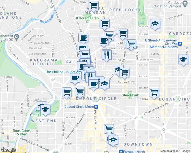 map of restaurants, bars, coffee shops, grocery stores, and more near 19th St NW & R St NW in Washington