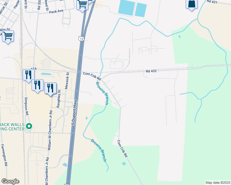 map of restaurants, bars, coffee shops, grocery stores, and more near 25 Florida Boulevard in Harrington