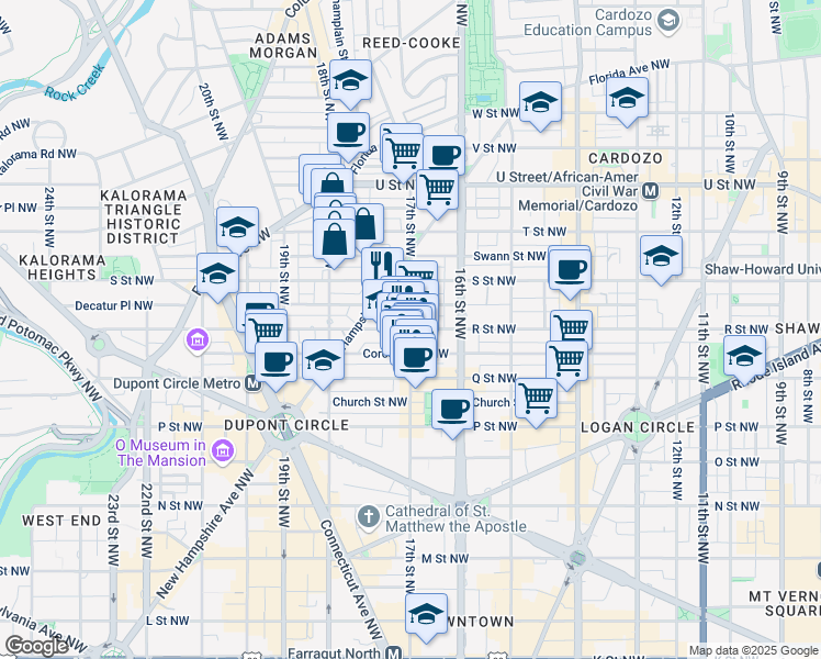 map of restaurants, bars, coffee shops, grocery stores, and more near 17th Street Northwest & R Street Northwest in Washington