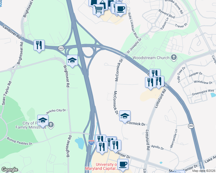 map of restaurants, bars, coffee shops, grocery stores, and more near 1616 McCormick Drive in Largo