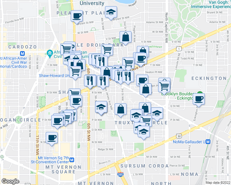 map of restaurants, bars, coffee shops, grocery stores, and more near R St NW & 4th St NW in Washington