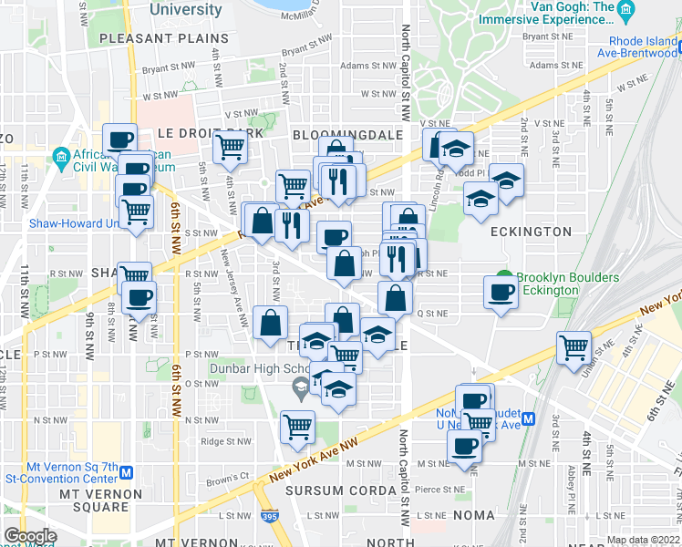 map of restaurants, bars, coffee shops, grocery stores, and more near R St NW & 1st St NW in Washington