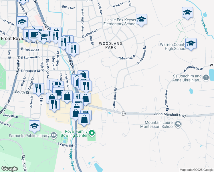 map of restaurants, bars, coffee shops, grocery stores, and more near 2 Ridge Road in Front Royal