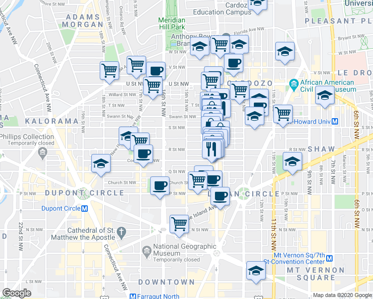 map of restaurants, bars, coffee shops, grocery stores, and more near R St NW & 15th St NW in Washington