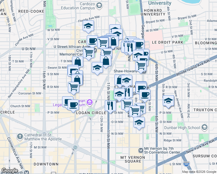 map of restaurants, bars, coffee shops, grocery stores, and more near R St NW & 11th St NW in Washington