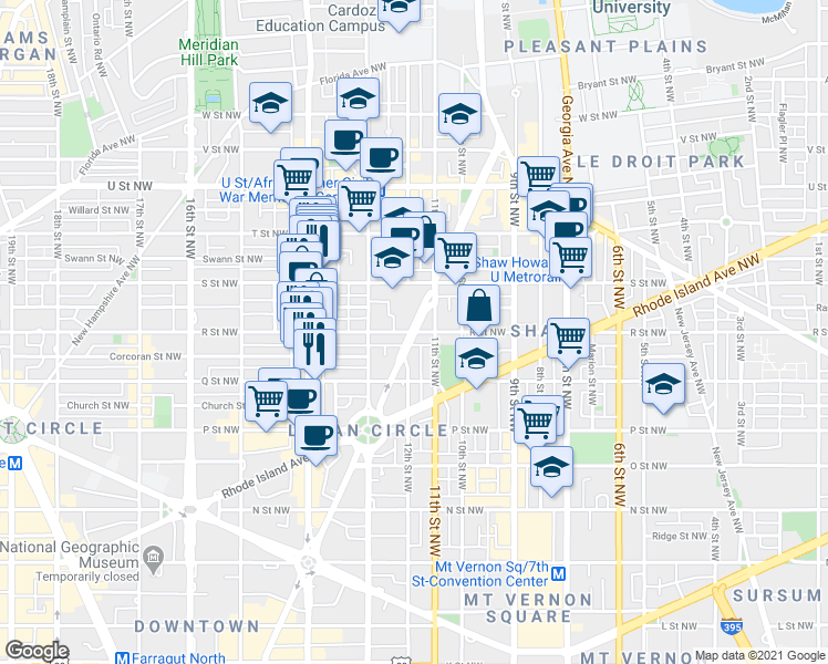 map of restaurants, bars, coffee shops, grocery stores, and more near R Street Northwest & Vermont Avenue Northwest in Washington