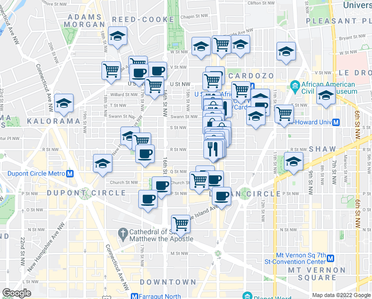 map of restaurants, bars, coffee shops, grocery stores, and more near 1700 15th Street Northwest in Washington