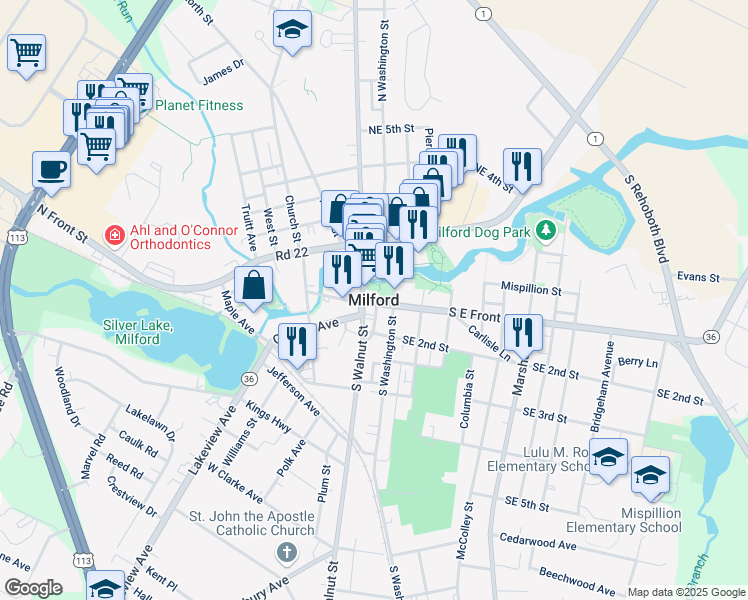 map of restaurants, bars, coffee shops, grocery stores, and more near in Milford
