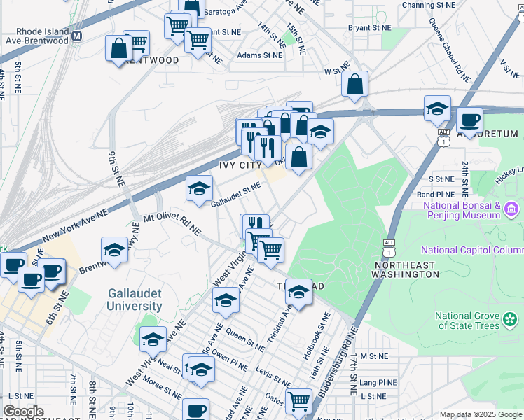 map of restaurants, bars, coffee shops, grocery stores, and more near 1810 Providence Street Northeast in Washington
