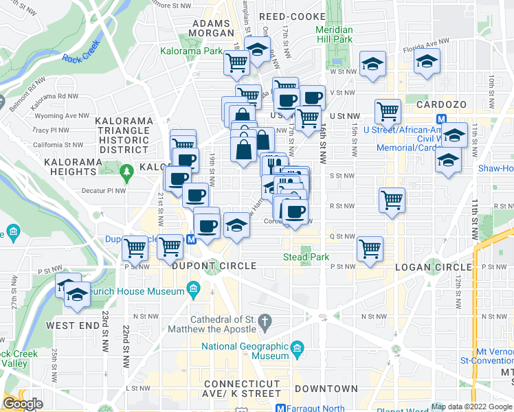 map of restaurants, bars, coffee shops, grocery stores, and more near R Street Northwest & New Hampshire Avenue Northwest in Washington