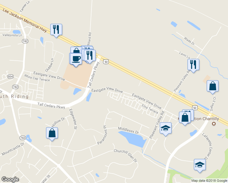 map of restaurants, bars, coffee shops, grocery stores, and more near 43905 Eastgate View Drive in Chantilly