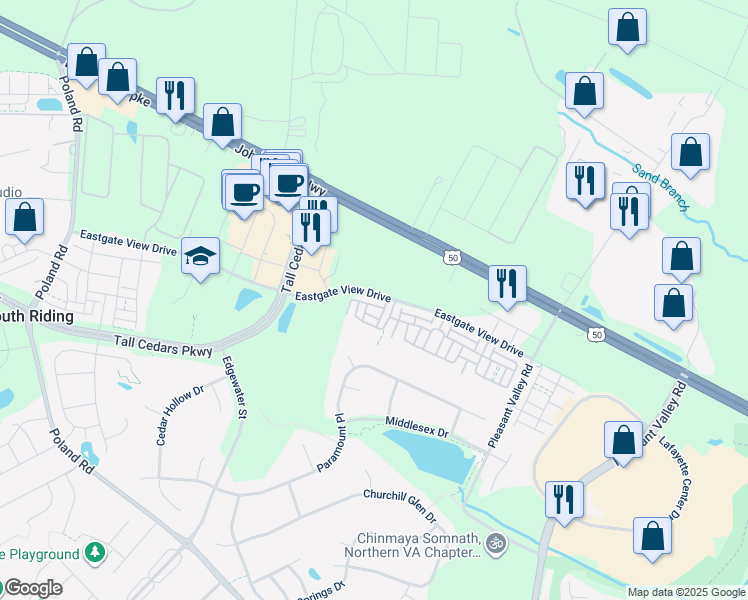 map of restaurants, bars, coffee shops, grocery stores, and more near 43911 Eastgate View Drive in Chantilly
