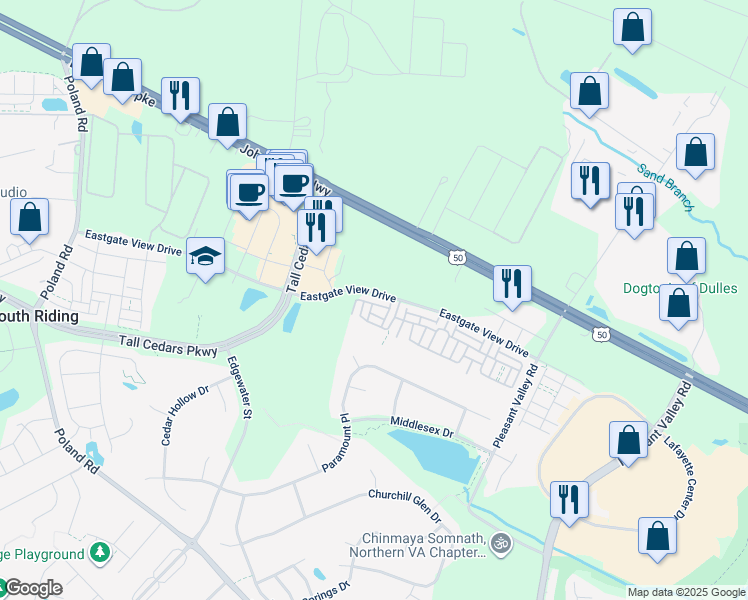 map of restaurants, bars, coffee shops, grocery stores, and more near 43905 Eastgate View Drive in Chantilly