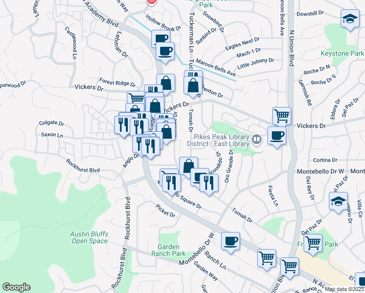 map of restaurants, bars, coffee shops, grocery stores, and more near 5555 Erindale Drive in Colorado Springs