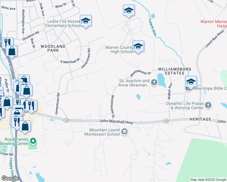 map of restaurants, bars, coffee shops, grocery stores, and more near 61 Westminster Drive in Front Royal