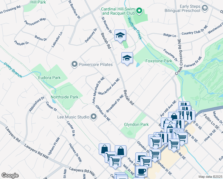 map of restaurants, bars, coffee shops, grocery stores, and more near 415 Macarthur Avenue Northeast in Vienna