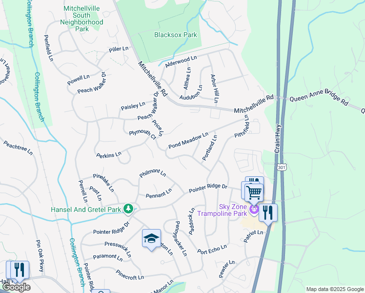 map of restaurants, bars, coffee shops, grocery stores, and more near 16111 Pond Meadow Lane in Bowie