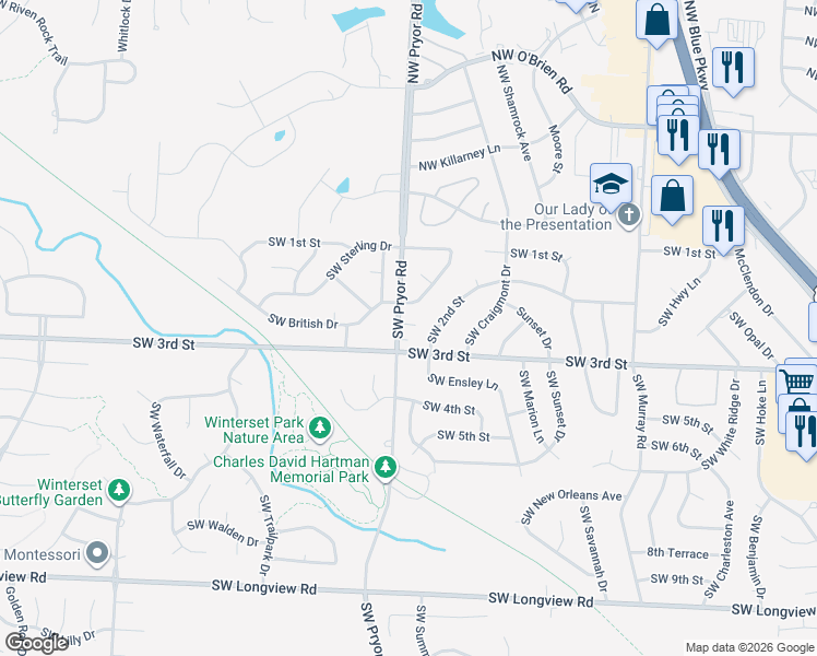 map of restaurants, bars, coffee shops, grocery stores, and more near 201 Southwest Pryor Road in Lee's Summit