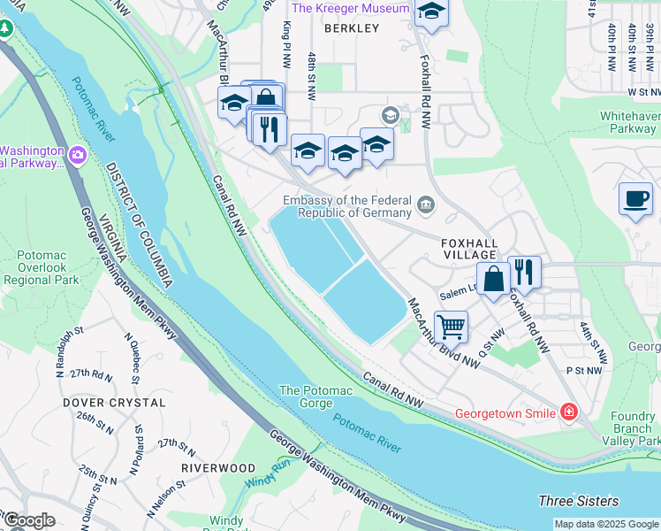 map of restaurants, bars, coffee shops, grocery stores, and more near 4600 MacArthur Boulevard Northwest in Washington