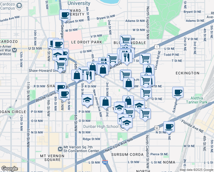 map of restaurants, bars, coffee shops, grocery stores, and more near 1700 3rd Street Northwest in Washington