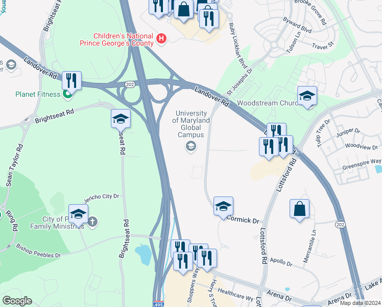 map of restaurants, bars, coffee shops, grocery stores, and more near 1616 McCormick Drive in Largo