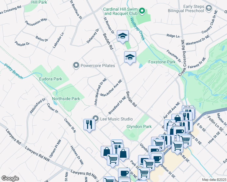 map of restaurants, bars, coffee shops, grocery stores, and more near 415 Macarthur Avenue Northeast in Vienna